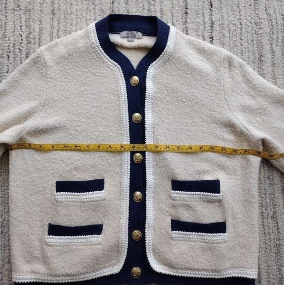 SUPER CLEAN J Crew Boucle Lady Jacket Cardigan Cream Navy Blue Size Large - Picture 6 of 9